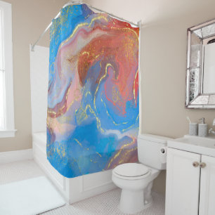 Crimson, Blush, Blue and Gold Marbled Alcohol Ink Shower Curtain