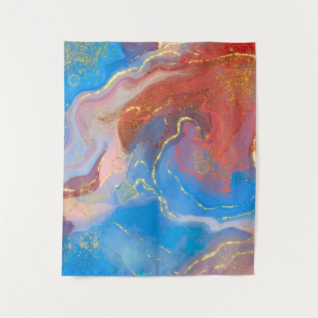 Crimson, Blush, Blue and Gold Marbled Alcohol Ink Tapestry (Front)