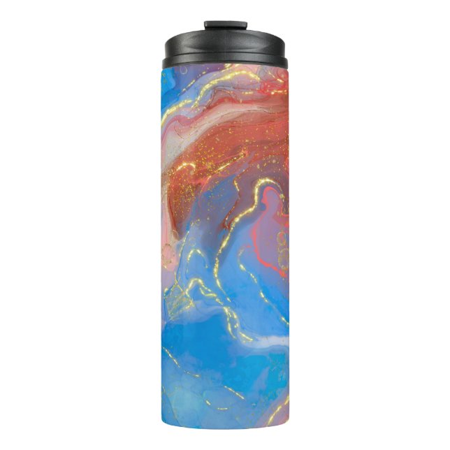 Crimson, Blush, Blue and Gold Marbled Alcohol Ink Thermal Tumbler (Front)
