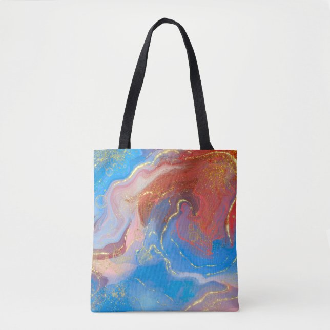 Crimson, Blush, Blue and Gold Marbled Alcohol Ink Tote Bag (Front)