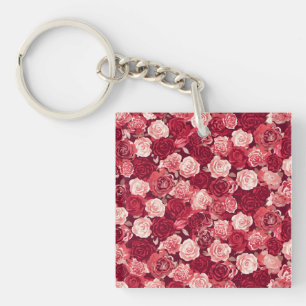 Crimson & Blush Seamless Rose Pattern Key Ring