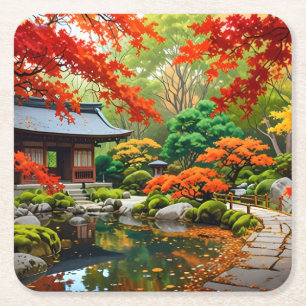 Crimson Cascade - Autumn in a Japanese Garden Square Paper Coaster