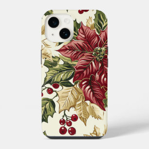 Crimson Champagne Poinsettia Holly Christmas iPhone 14 Case