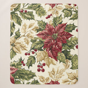 Crimson Champagne Poinsettia Holly Christmas Sherpa Blanket