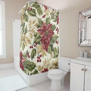 Crimson Champagne Poinsettia Holly Christmas Shower Curtain