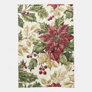 Crimson Champagne Poinsettia Holly Christmas Tea Towel