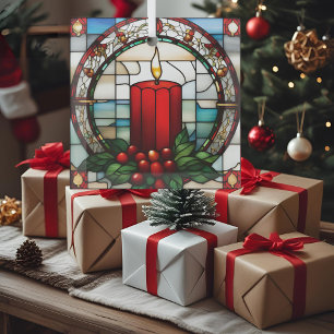 Crimson Christmas Candle Faux Stained Glass Tree Decoration