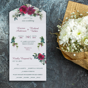 Crimson Christmas Rose Bouquet Wedding All In One Invitation