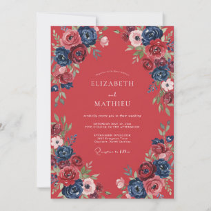 Crimson Cobalt Ranunculus Eucalyptus Wedding Invitation