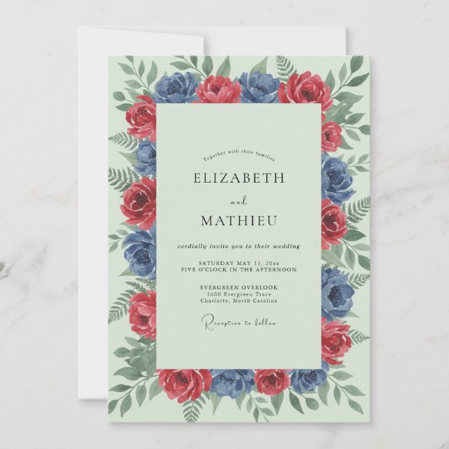 Crimson Cobalt Wreath Wedding Invitation (Front)