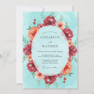 Crimson Coral Wreath Wedding Invitation