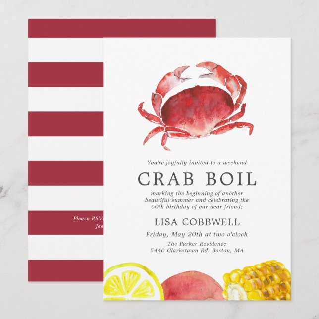 Crimson Crab | 50th Birthday Crab Boil Striped Invitation (Front/Back)