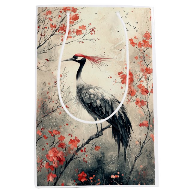 Crimson Crane Blossom Ink Wash (2) Medium Gift Bag (Front)