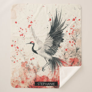 Crimson Crane Blossom Ink Wash (3) Sherpa Blanket