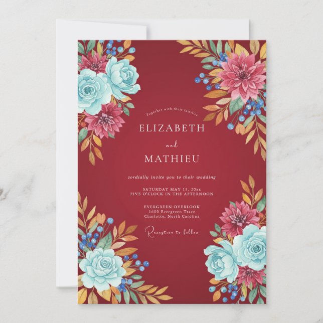 Crimson Cyan Wildflower Wedding Invitation (Front)