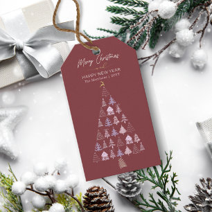 Crimson Doodle Christmas Tree, Reindeer, Stars Gift Tags