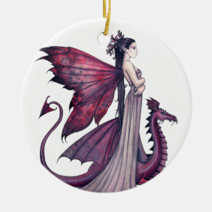 Crimson Dragon and Fairy Fantasy Art Ceramic Tree Decoration