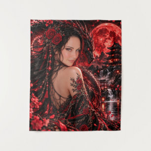 Crimson Dragon Lady Blood Moon Wall Tapestry