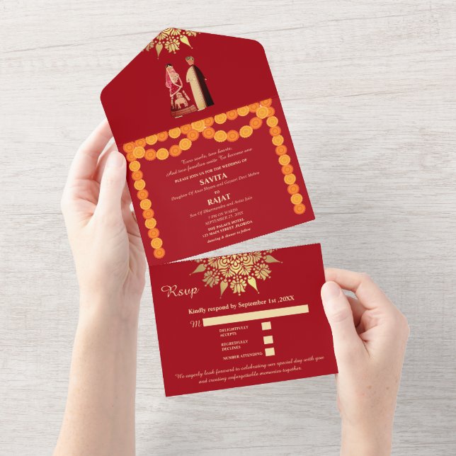 Crimson Elegance Modern Red & Gold Indian Wedding  All In One Invitation (Tearaway)