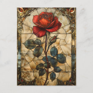 'Crimson Elegance' Stained Glass Red Rose Postcard