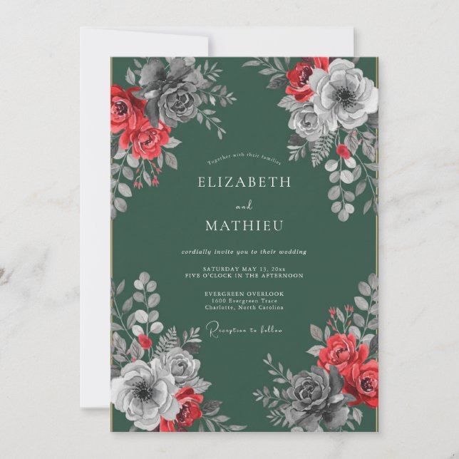Crimson Emerald Blossom Wedding Invitation (Front)