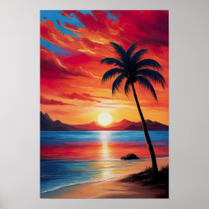 Crimson Evening by the Beach Poster