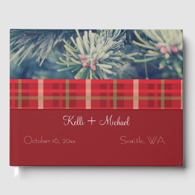 Crimson & Evergreen Christmas Wedding Guest Book (Front)