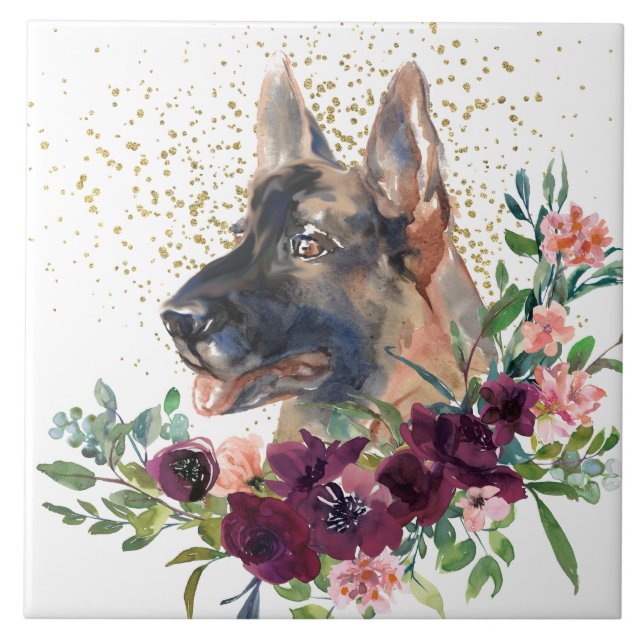 Crimson Floral Bouquet German Shepherd Dog Tile (Front)