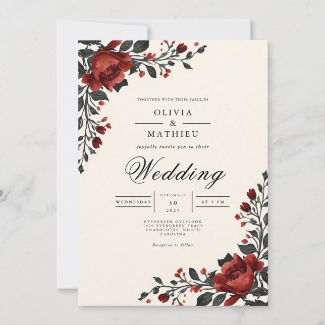 Crimson Floral Corner Romance Wedding Invitation (Front)