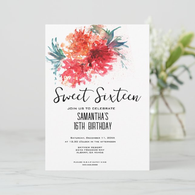 Crimson Floral Sweet 16 Invite - Watercolor Design (Standing Front)