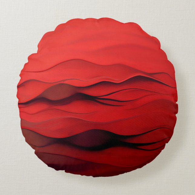 Crimson Flow – Abstract Red Waves of Motion Round Cushion (Front)