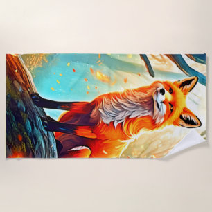 Crimson Fox Scene Design Beach Towel