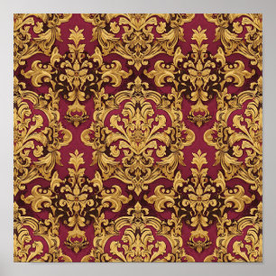 Crimson Gold Baroque Damask Pattern Poster