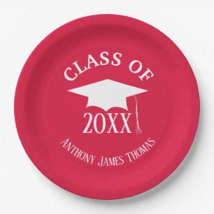 Crimson Grad Cap and Leaves Paper Plates 9"