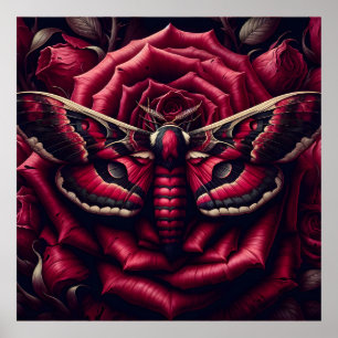 Crimson Hawk Moth Red Rose Dark Gothic Botanical  Poster