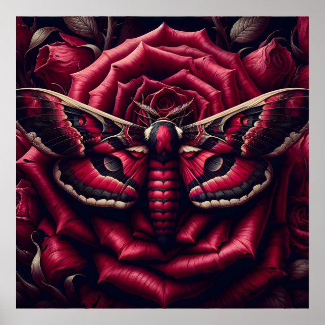 Crimson Hawk Moth Red Rose Dark Gothic Botanical  Poster (Front)