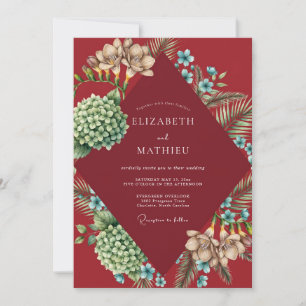 Crimson Hydrangea Tropical Eucalyptus Wedding Invitation