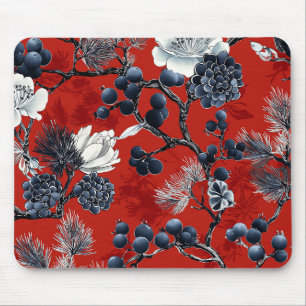 Crimson Indigo Chinoiserie Peony Magnolia Winter Mouse Mat
