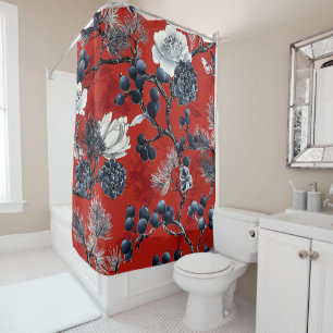 Crimson Indigo Chinoiserie Peony Magnolia Winter Shower Curtain