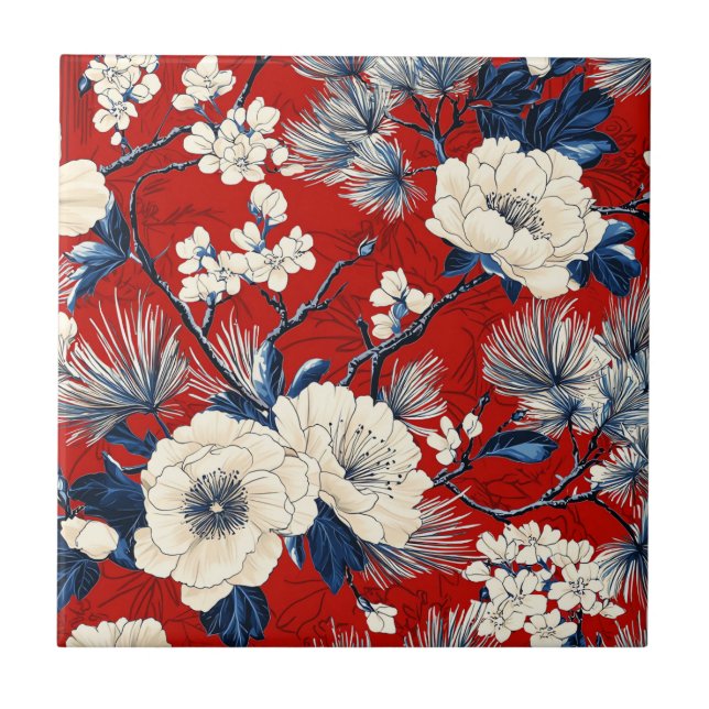Crimson Indigo Peony Winter Floral Pattern Tile (Front)