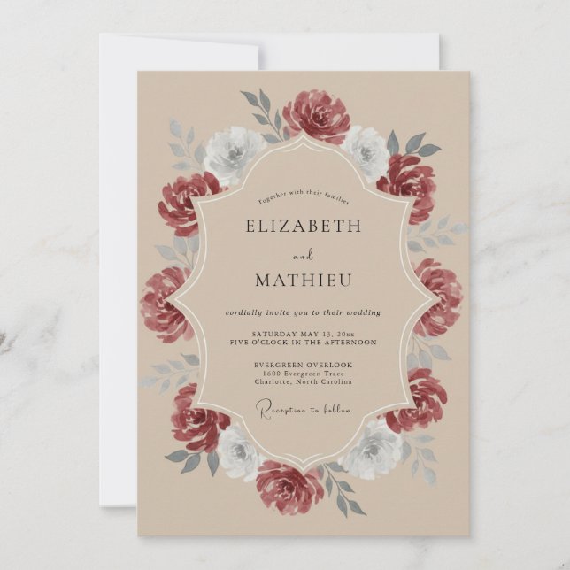 Crimson Ivory Wreath Wedding Invitation (Front)