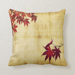 Crimson Japanese Maple Leaves Branches On Gold Cushion