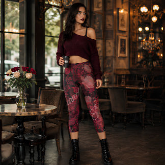 Crimson Lace Roses Romantic Gothic Floral Fashion Capri Leggings