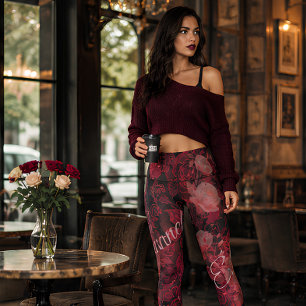 Crimson Lace Roses Romantic Gothic Floral Fashion Leggings