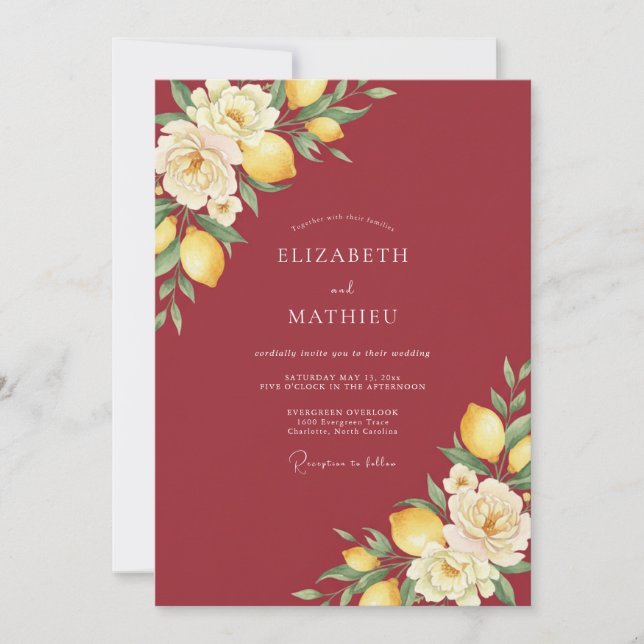 Crimson Lemon Watercolor Wedding Invitation (Front)