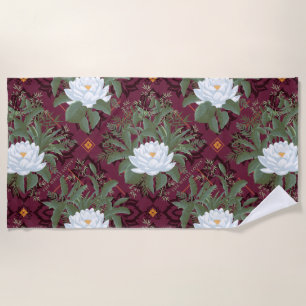 Crimson Lotus Elegance Pattern - The White Lotus Beach Towel