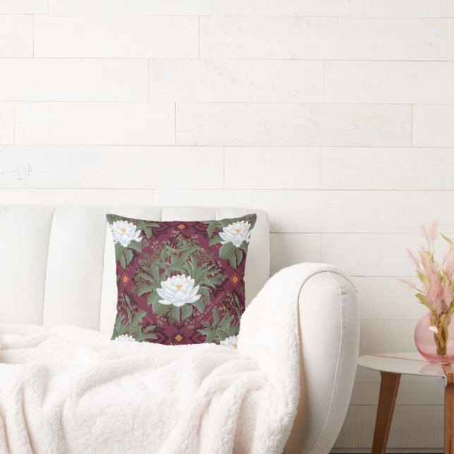 Crimson Lotus Elegance Pattern - The White Lotus Cushion (Couch)