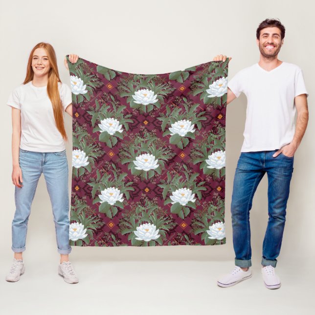 Crimson Lotus Elegance Pattern - The White Lotus Fleece Blanket (In Situ)