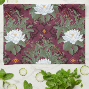 Crimson Lotus Elegance Pattern - The White Lotus Tea Towel