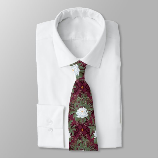 Crimson Lotus Elegance Pattern - The White Lotus Tie (Tied)